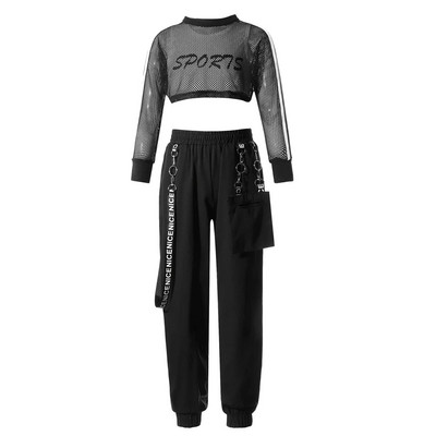 Modes bērnu treniņtērps meitenēm sporta zālei, sporta kostīmi, tīklveida krekls ar garām piedurknēm, ar veste, biksēm bērniem Džeza hiphop apģērbu komplekti
