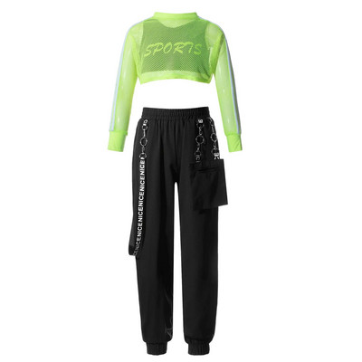 Modes bērnu treniņtērps meitenēm sporta zālei, sporta kostīmi, tīklveida krekls ar garām piedurknēm, ar veste, biksēm bērniem Džeza hiphop apģērbu komplekti