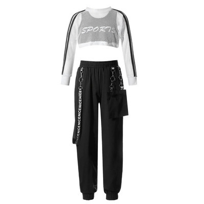 Modes bērnu treniņtērps meitenēm sporta zālei, sporta kostīmi, tīklveida krekls ar garām piedurknēm, ar veste, biksēm bērniem Džeza hiphop apģērbu komplekti