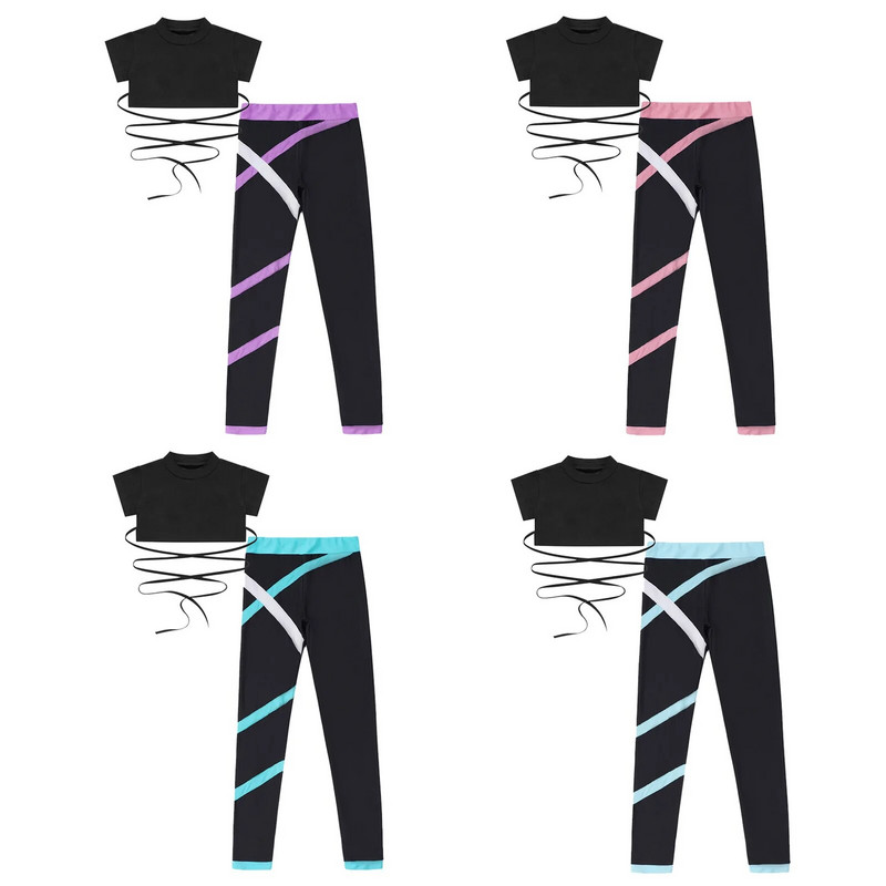 Анцуг Мода Детски момичета Спортно облекло Спортно облекло за фитнес зала Фитнес Спортен костюм Детски екипи за балет Гимнастика Комплект за йога