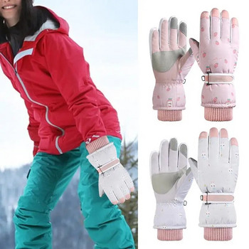 Момиче Топли ски ръкавици Сензорен екран Пръсти против хлъзгане Висока сръчност Подплатени ръкавици Водоустойчиви топли ски ръкавици Велосипедни ръкавици розови