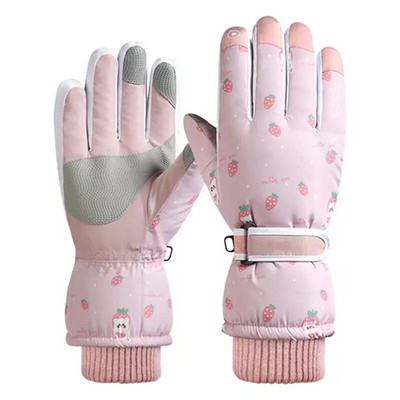 Mănuși calde de schi pentru fete cu ecran tactil Degete anti-alunecare Mănuși căptușite de înaltă dexteritate impermeabile mănuși calde de schi Mănuși de ciclism roz