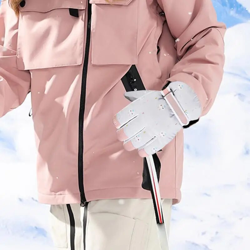 Момиче Топли ски ръкавици Сензорен екран Пръсти против хлъзгане Висока сръчност Подплатени ръкавици Водоустойчиви топли ски ръкавици Велосипедни ръкавици розови