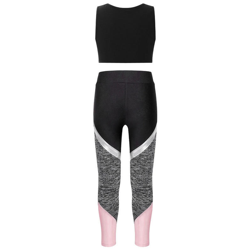 Момичета, балетни гимнастически екипи, спортно облекло, без ръкави, без ръкави, с гамаши за спортни тренировки, танцови йога комплекти, детски костюм за фитнес