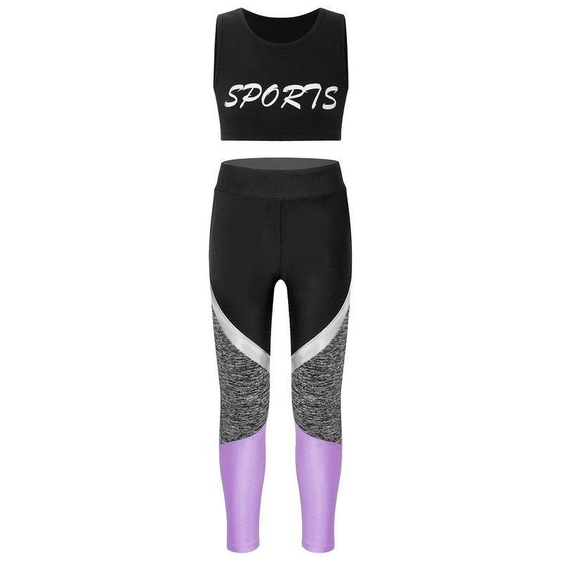 Момичета, балетни гимнастически екипи, спортно облекло, без ръкави, без ръкави, с гамаши за спортни тренировки, танцови йога комплекти, детски костюм за фитнес