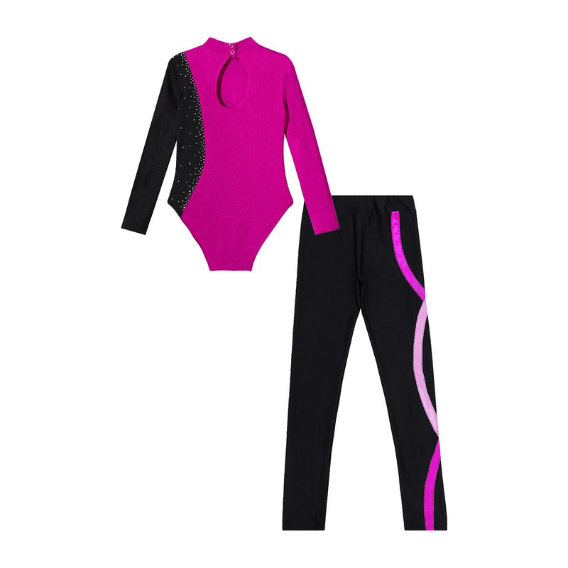 Деца, момичета, балетни танцови екипи с дълъг ръкав, контрастен цвят, гимнастическо трико със спортни клинове, танцуващ комплект за балетно пързаляне