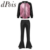 Деца Момичета Метални джаз танцови костюми Облекла за състезания по танци Блестящо яке с дълъг ръкав Панталони с камбанка Спортни комплекти