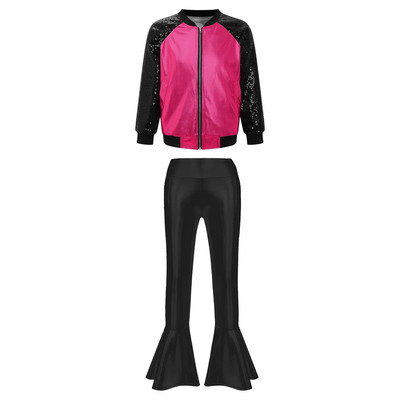 Деца Момичета Метални джаз танцови костюми Облекла за състезания по танци Блестящо яке с дълъг ръкав Панталони с камбанка Спортни комплекти