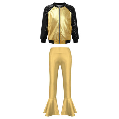 Деца Момичета Метални джаз танцови костюми Облекла за състезания по танци Блестящо яке с дълъг ръкав Панталони с камбанка Спортни комплекти