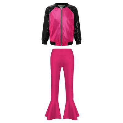Деца Момичета Метални джаз танцови костюми Облекла за състезания по танци Блестящо яке с дълъг ръкав Панталони с камбанка Спортни комплекти