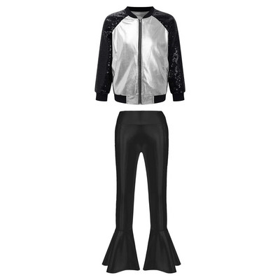 Деца Момичета Метални джаз танцови костюми Облекла за състезания по танци Блестящо яке с дълъг ръкав Панталони с камбанка Спортни комплекти