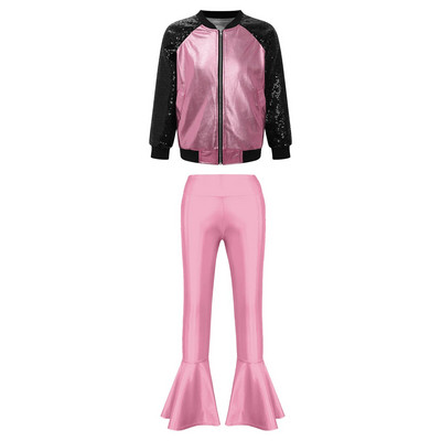Деца Момичета Метални джаз танцови костюми Облекла за състезания по танци Блестящо яке с дълъг ръкав Панталони с камбанка Спортни комплекти