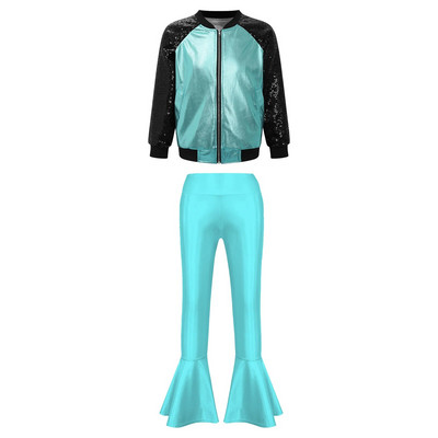 Деца Момичета Метални джаз танцови костюми Облекла за състезания по танци Блестящо яке с дълъг ръкав Панталони с камбанка Спортни комплекти