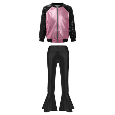 Деца Момичета Метални джаз танцови костюми Облекла за състезания по танци Блестящо яке с дълъг ръкав Панталони с камбанка Спортни комплекти