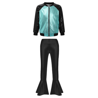 Деца Момичета Метални джаз танцови костюми Облекла за състезания по танци Блестящо яке с дълъг ръкав Панталони с камбанка Спортни комплекти