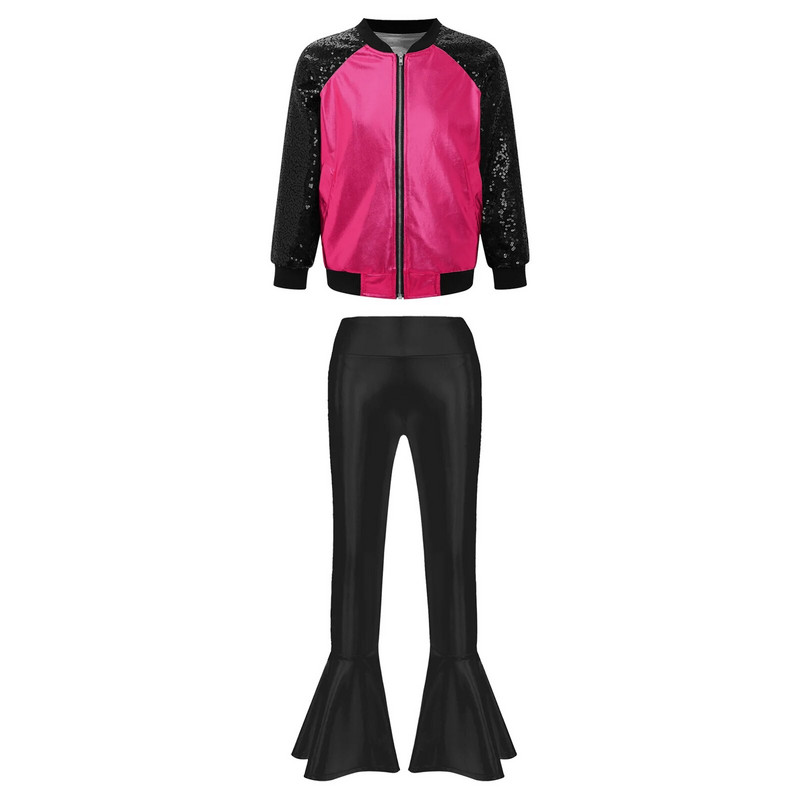 Деца Момичета Метални джаз танцови костюми Облекла за състезания по танци Блестящо яке с дълъг ръкав Панталони с камбанка Спортни комплекти