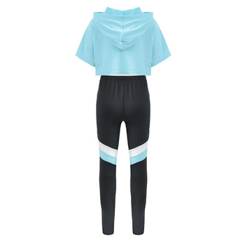 2 τμχ Αθλητική παιδική στολή για κορίτσια με κοντό μανίκι Φούτερ με κουκούλα Μπλούζες και παντελόνι Yoga Set Hoodie Sportswear for Gym Running Workout