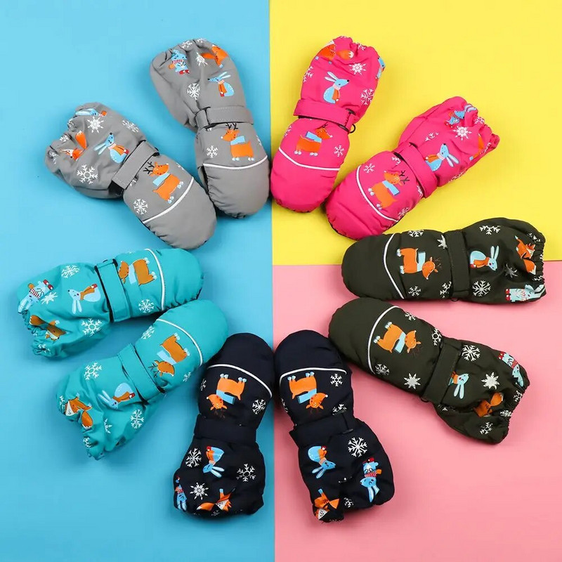 1 чифт сладки анимационни зимни детски ски ръкавици Дебели топли неплъзгащи се ръкавици с ръкавици Водоустойчиви ветроустойчиви спортни ръкавици на открито
