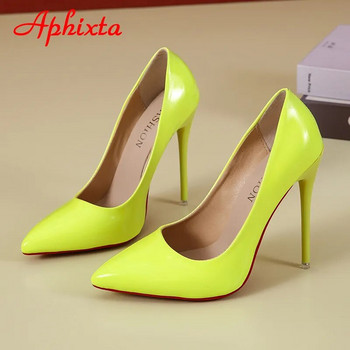Aphixta 2023 Пролетни супер високи 12 см високи токчета Помпи Дамски обувки с остри пръсти Флоресцентна лачена кожа, офис тънък ток