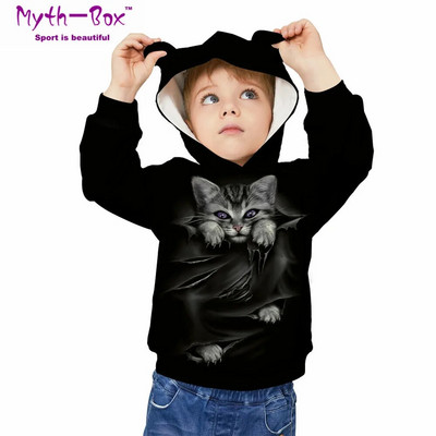 Детски спортни суичъри с качулка Черна котка 3D принт Детски суичъри Пуловери с дълъг ръкав за малки деца 5-12 години Пуловери с качулка за момче и момиче