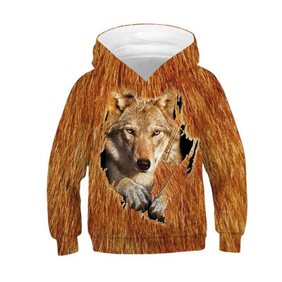 Rudens žiemos vaikiški viršutiniai viršutiniai drabužiai su gobtuvu Vilkas 3D spausdinta laisvi berniukų ir mergaičių paltai paaugliams jaunesniems vaikiški megztiniai 5–14 m. vaikiški sportinė apranga