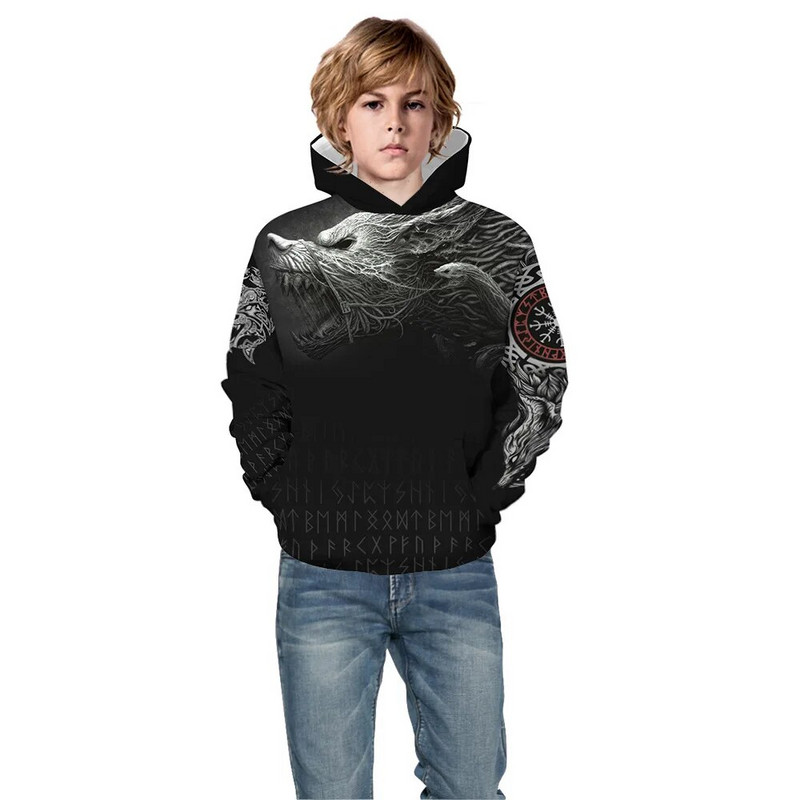 Rudens žiemos vaikiški viršutiniai viršutiniai drabužiai su gobtuvu Vilkas 3D spausdinta laisvi berniukų ir mergaičių paltai paaugliams jaunesniems vaikiški megztiniai 5–14 m. vaikiški sportinė apranga