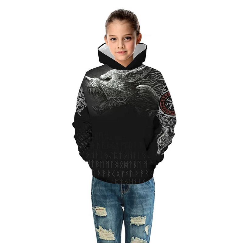 Rudens žiemos vaikiški viršutiniai viršutiniai drabužiai su gobtuvu Vilkas 3D spausdinta laisvi berniukų ir mergaičių paltai paaugliams jaunesniems vaikiški megztiniai 5–14 m. vaikiški sportinė apranga