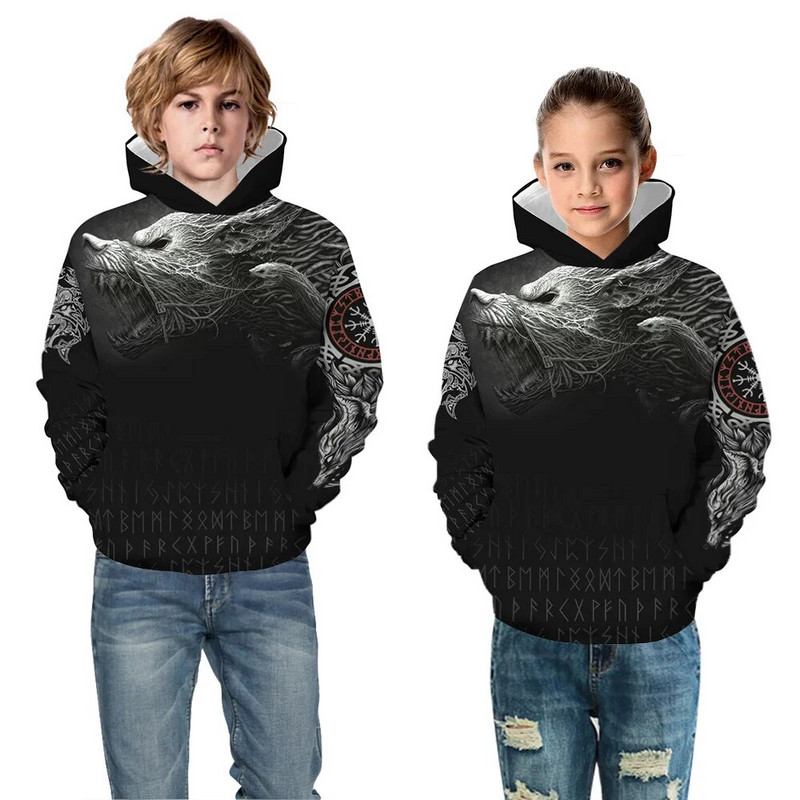 Rudens žiemos vaikiški viršutiniai viršutiniai drabužiai su gobtuvu Vilkas 3D spausdinta laisvi berniukų ir mergaičių paltai paaugliams jaunesniems vaikiški megztiniai 5–14 m. vaikiški sportinė apranga