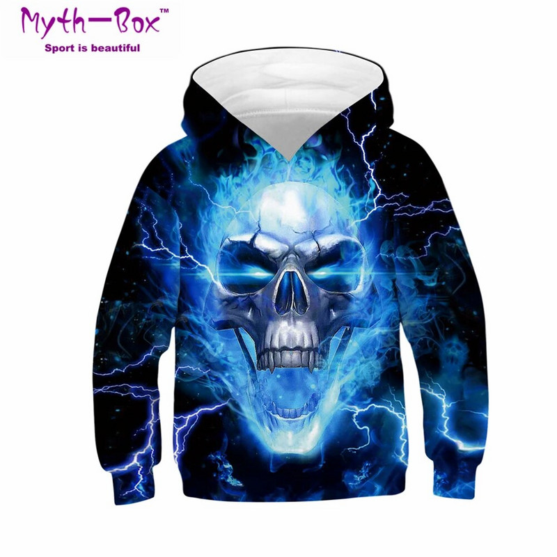 Есен Зима Детски блузи с качулка Череп 3D принт Детски свободни палта Детски горнища с качулка Тийнейджърски пуловери 5-14 г. Пуловери за момче и момиче