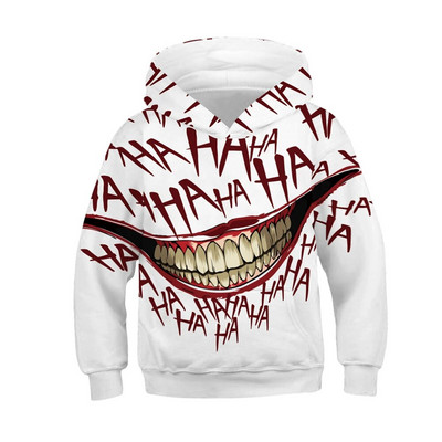 Rudens žiemos vaikiški megztiniai su gobtuvu Joker Mouth 3D Spausdinti Viršutiniai vaikai Jaunesnio amžiaus, laisvas paltas 5–14 m. paaugliams berniukų ir mergaičių megztiniai su gobtuvu