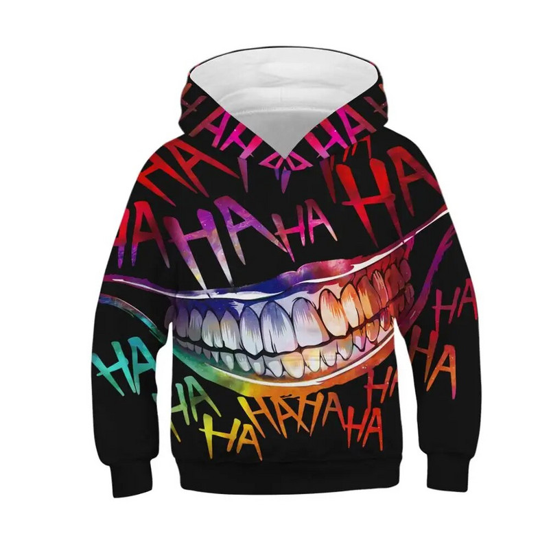 Rudens žiemos vaikiški megztiniai su gobtuvu Joker Mouth 3D Spausdinti Viršutiniai vaikai Jaunesnio amžiaus, laisvas paltas 5–14 m. paaugliams berniukų ir mergaičių megztiniai su gobtuvu