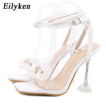 Нови дамски сандали Eilyken 2024 Летни секси кристални високи токчета Парти сватбени обувки Квадратни пръсти Помпи с перли и нишки