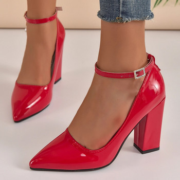 Кайсиево червено 10 см супер висок ток, каишка за глезена Помпи Дамски обувки с остри пръсти, модни кристали, катарама, лакирана кожа, голям размер 50