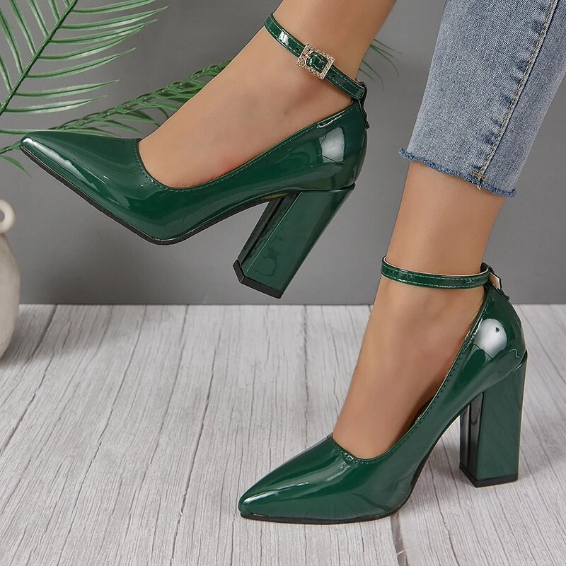 Кайсиево червено 10 см супер висок ток, каишка за глезена Помпи Дамски обувки с остри пръсти, модни кристали, катарама, лакирана кожа, голям размер 50