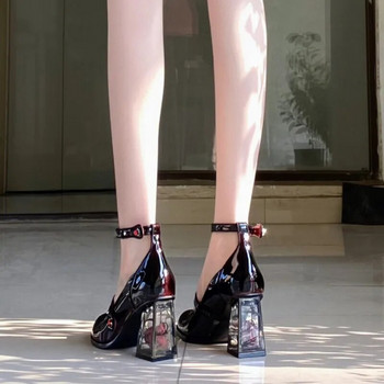 Ретро елегантни дамски единични обувки Mary Jane с темперамент Розови кристални токове на висок ток Модни помпи с кръгла глава с кристали в смесен цвят