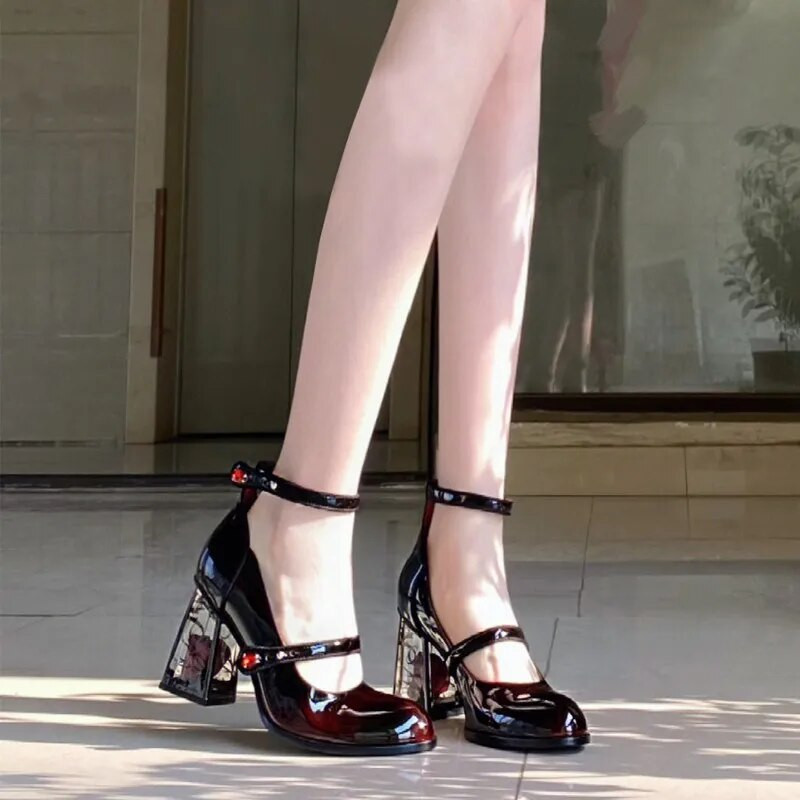 Ретро елегантни дамски единични обувки Mary Jane с темперамент Розови кристални токове на висок ток Модни помпи с кръгла глава с кристали в смесен цвят