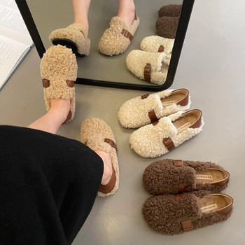 EOEODOIT Soft Fur Shoes Flat Heel-on Slip-on Loafers Γυναικεία Φθινοπωρινά Χειμερινά Casual Παπούτσια Μόδα Αγγλίας Στυλ
