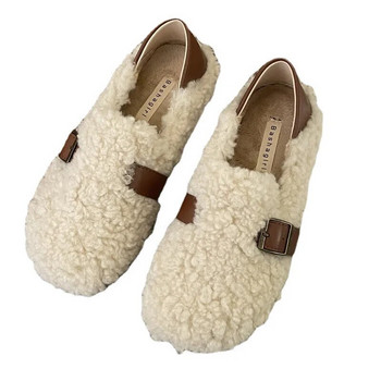 EOEODOIT Меки кожени обувки Плюшени мокасини с плосък ток Дамски есенни зимни ежедневни обувки Моден стил в Англия