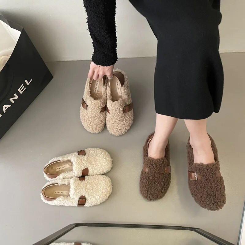 EOEODOIT Меки кожени обувки Плюшени мокасини с плосък ток Дамски есенни зимни ежедневни обувки Моден стил в Англия