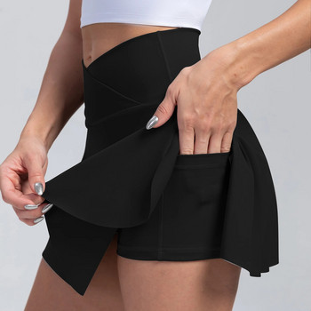 CHRLEISURE Дамска кръстосана тенис пола Плисирана пола с джобове Еластични дишащи шорти за голф Тренировка Атлетични спортни шорти