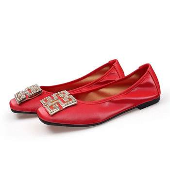 Червени дамски обувки тип балерина, равни обувки с квадратни пръсти, дамски обувки с кристали, мокасини с катарама, дамски мокасини с плитка уста