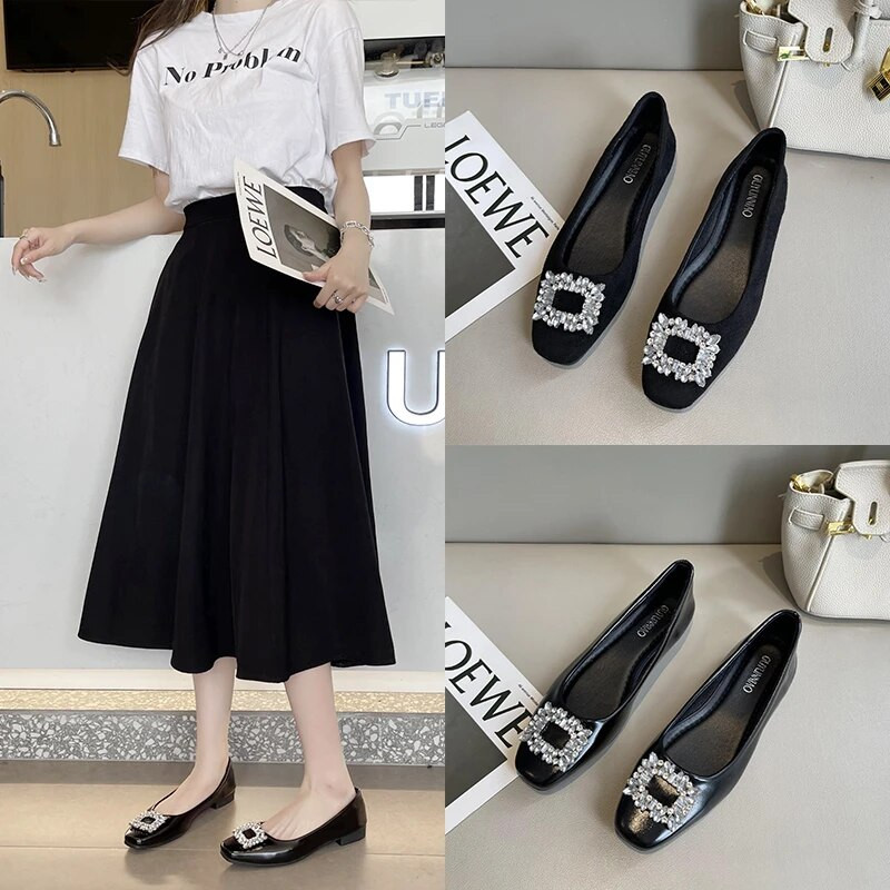 Черен сатениран плат Обувки с равни обувки Дамски основни обувки с пайети и кристали с катарама с кристален диамант Модни обувки за булчински обувки Работни дамски обувки