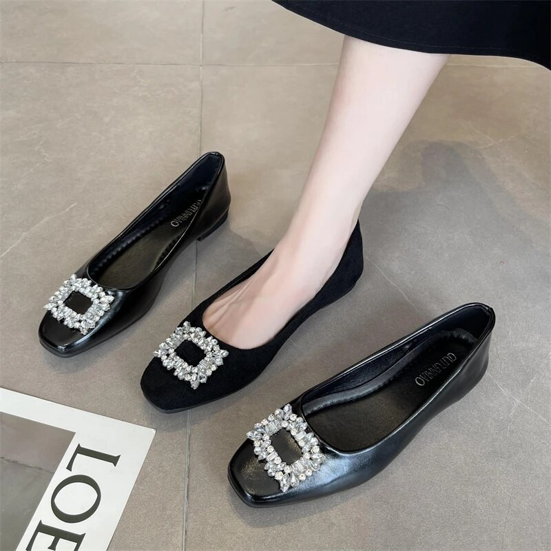 Черен сатениран плат Обувки с равни обувки Дамски основни обувки с пайети и кристали с катарама с кристален диамант Модни обувки за булчински обувки Работни дамски обувки