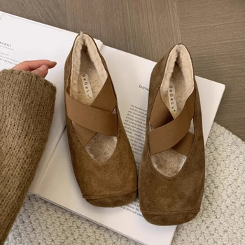 Плюс размер 35-42 Дамски равни обувки от изкуствен велур, вързана на кръст еластична лента Балетни обувки с квадратни пръсти Плюшени топли дамски обувки 1685N