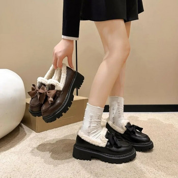 Обувки Дамски равни обувки С кръгли пръсти Ежедневни женски маратонки Мокасини с космена рокля Зимни ретро нови гумени обувки с връзки Leisu
