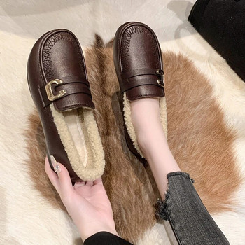 Нова зимна ежедневна мода плюс кадифени удобни плитки топли нехлъзгащи се дамски обувки с кръгли пръсти и плоски пръсти