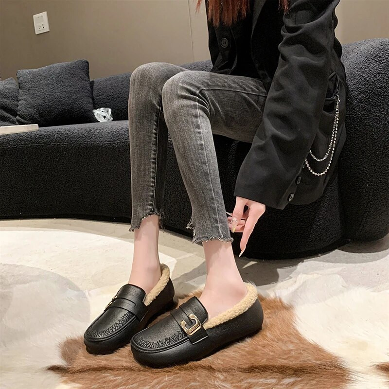 Nove zimske ležerne modne plus baršunaste udobne tople neklizajuće ravne ženske cipele s okruglim prstima i plitkim ustima