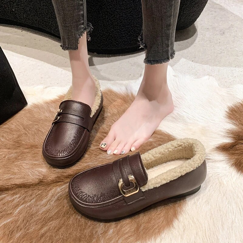 Nove zimske ležerne modne plus baršunaste udobne tople neklizajuće ravne ženske cipele s okruglim prstima i plitkim ustima