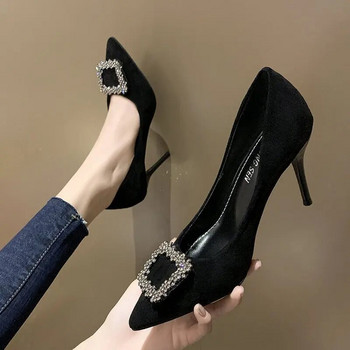 Дамски нови сандали на среден ток Черни квадратни катарама Заострен тънък ток Baotou Банкетни обувки на висок ток Дамски обувки Tacones Mujer