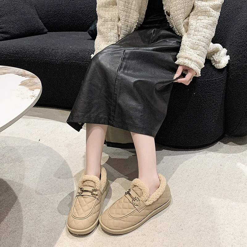 Нова зимна ежедневна мода плюс кадифени удобни ежедневни топли нехлъзгащи се дамски обувки с кръгли пръсти и плоски пръсти